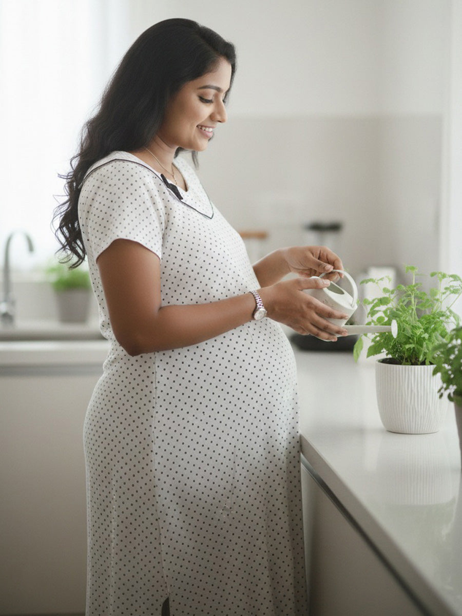 White Polka Dot Printed Cotton Feeding Nighty with Dual Nursing Zips | Ziva