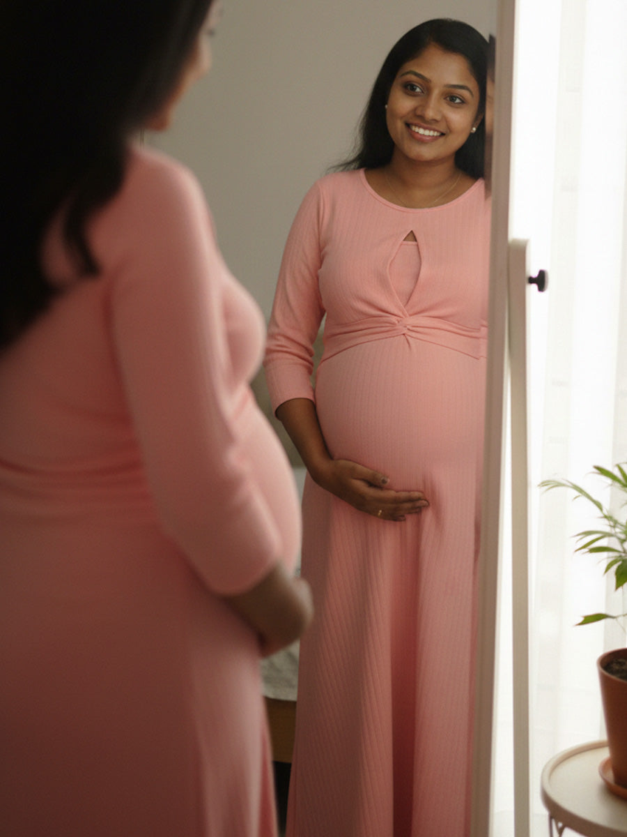 Pink Solid Twisty Knit Cotton Maternity Dress – Zipless Feeding Access | Ziva