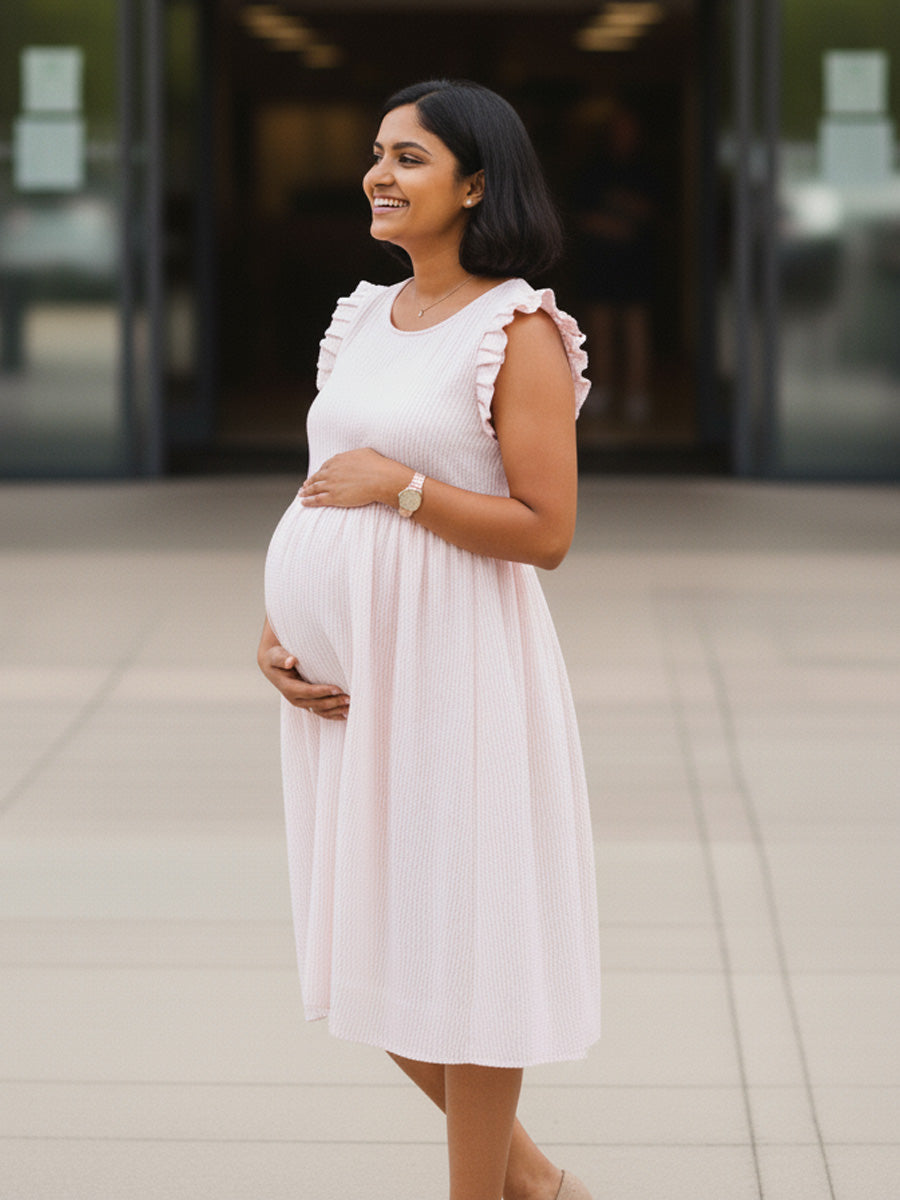 Peach Striped Cotton Maternity & Nursing Dress with Concealed Zips | Ziva