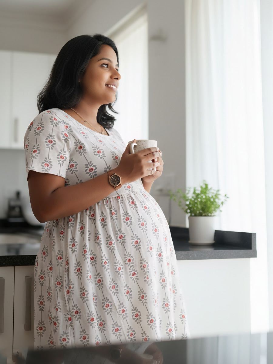Cream  Floral Knitted Zipless Maternity & Nursing Dress | Ziva