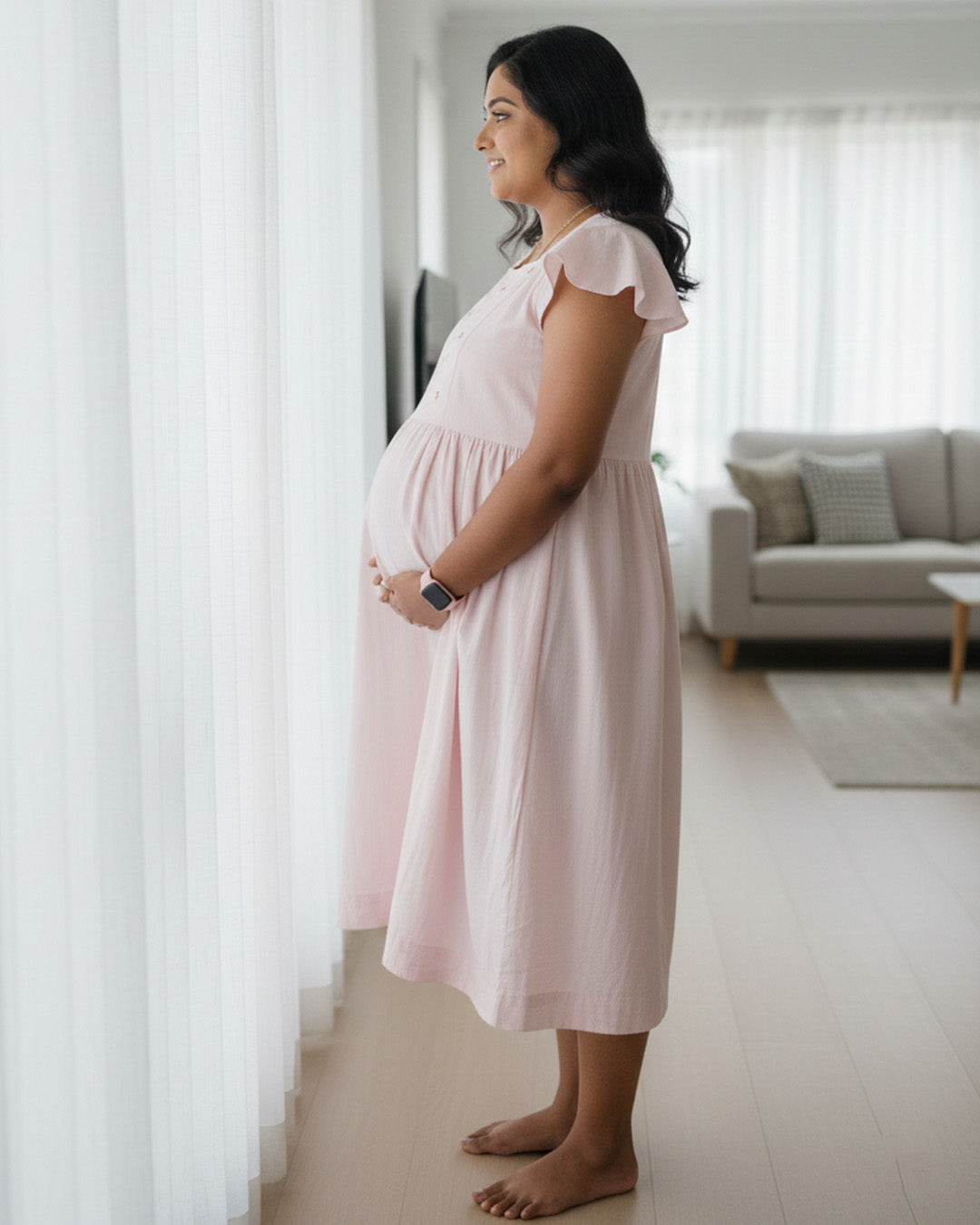 Soft Pink Cotton Maternity Dress with Flutter Sleeves & Nursing Zips ! Ziva