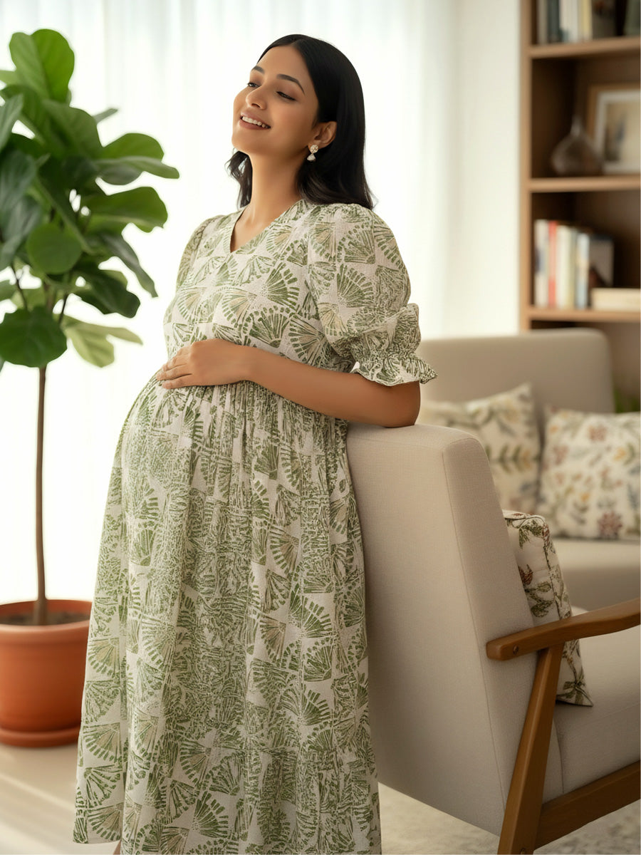 Off-White & Green Floral Block Print Maternity & Nursing Dress – Ziva