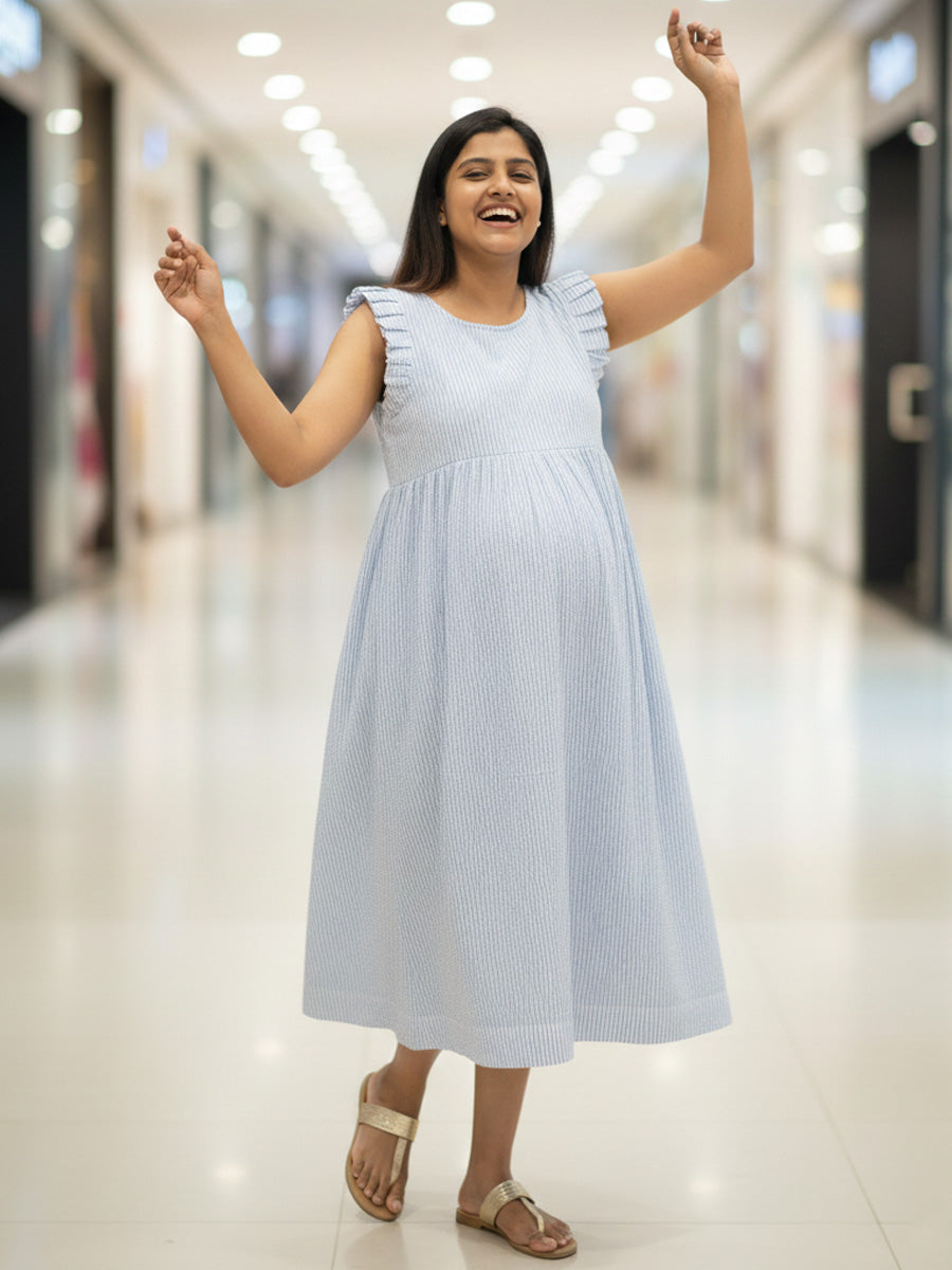 Blue Vertical Striped Cotton Maternity & Nursing Dress