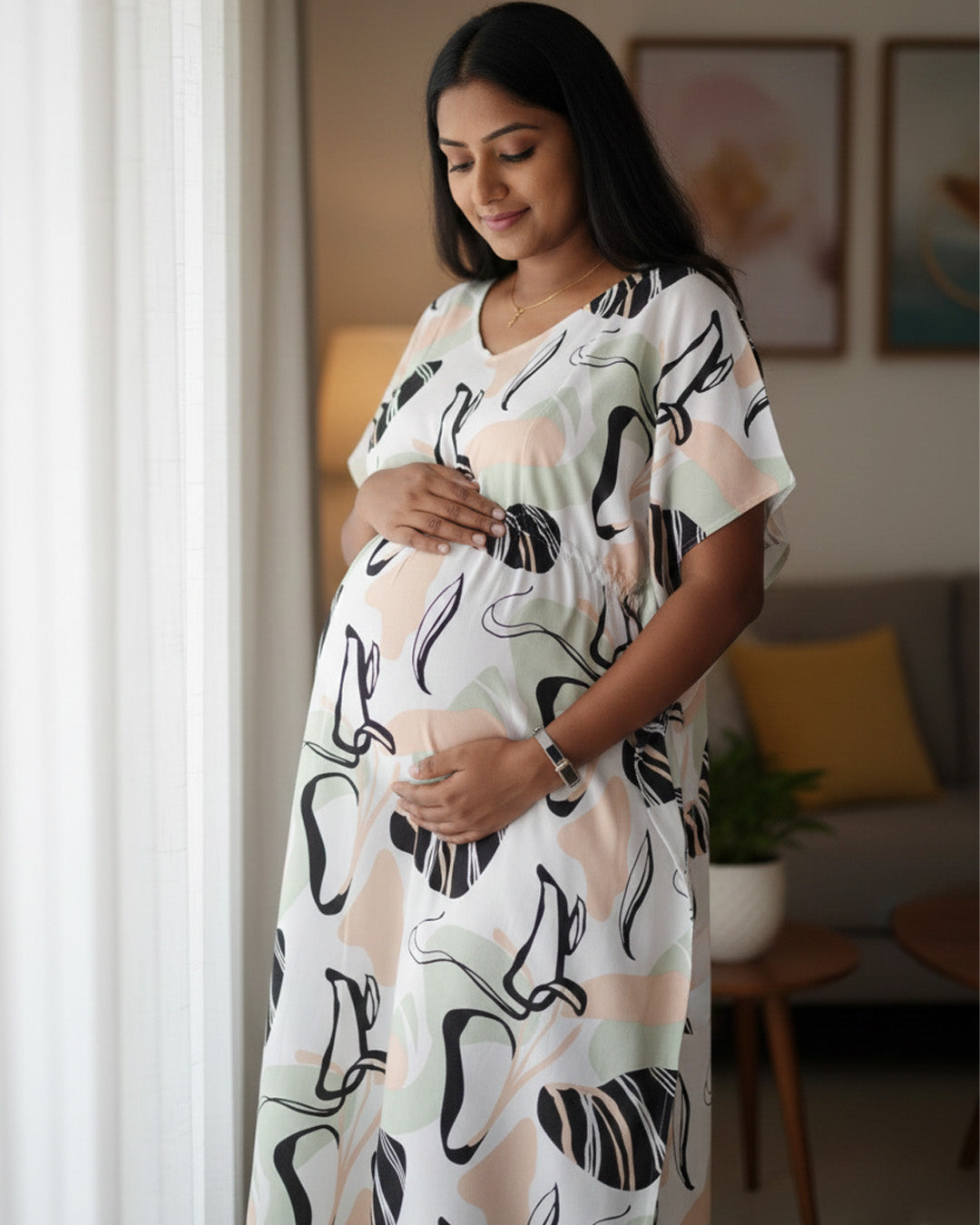 Maternity & Nursing Kaftan – White with abstract print & dual Zips | ziva