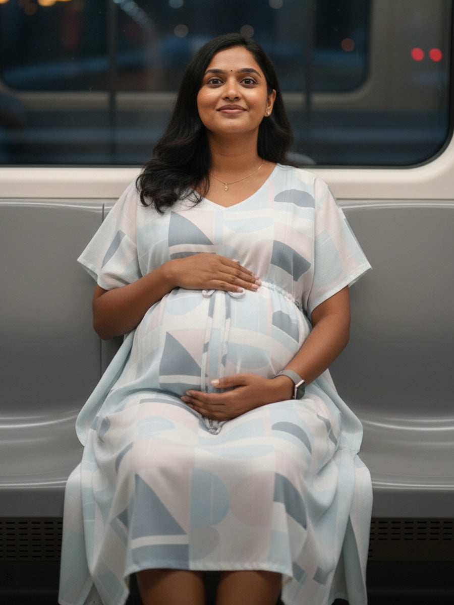 White Geometrical Print Maternity & Feeding Kaftan|ziva