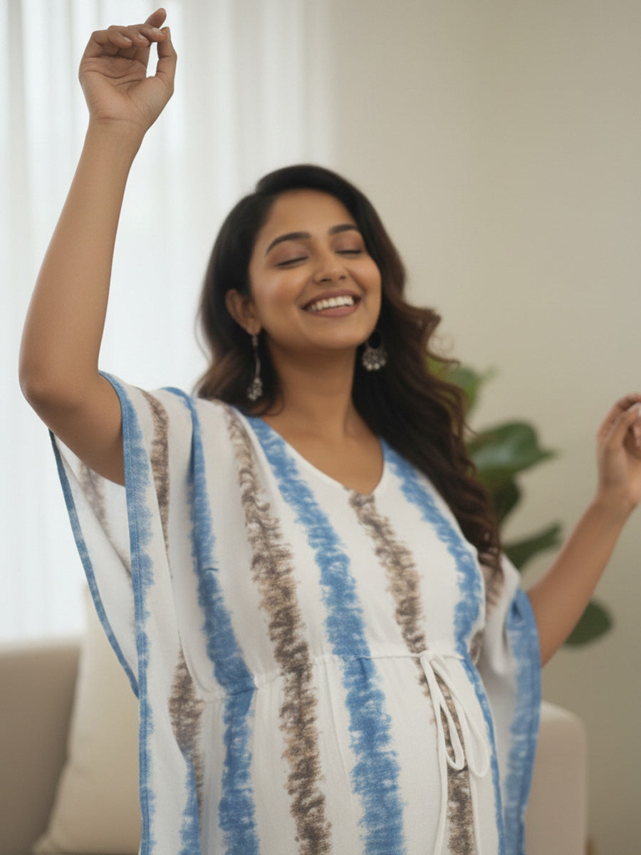 White Brushstripe Maternity & Feeding Kaftan | Ziva Maternity wear