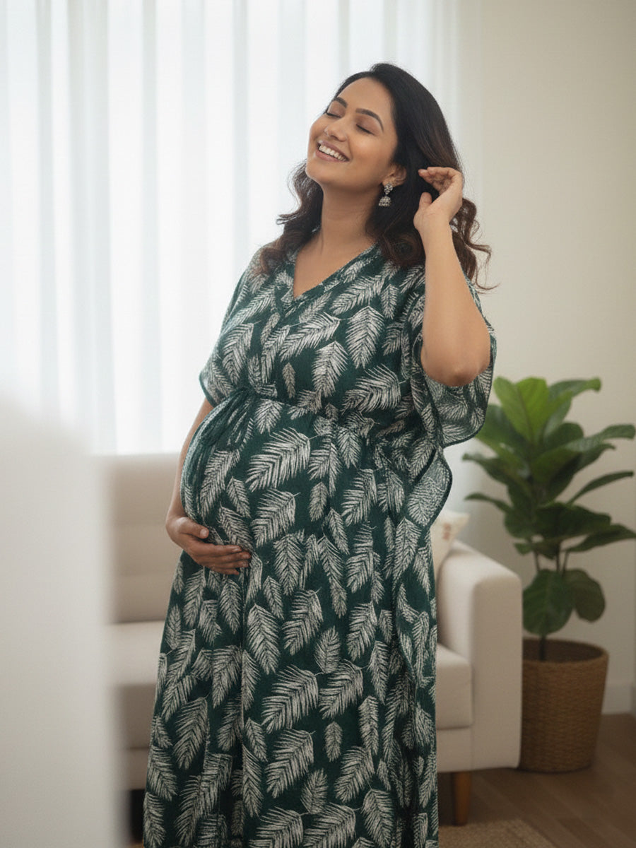 Dark Green Leaf Print Maternity & Feeding Kaftan with Dual Nursing Zips – Ziva