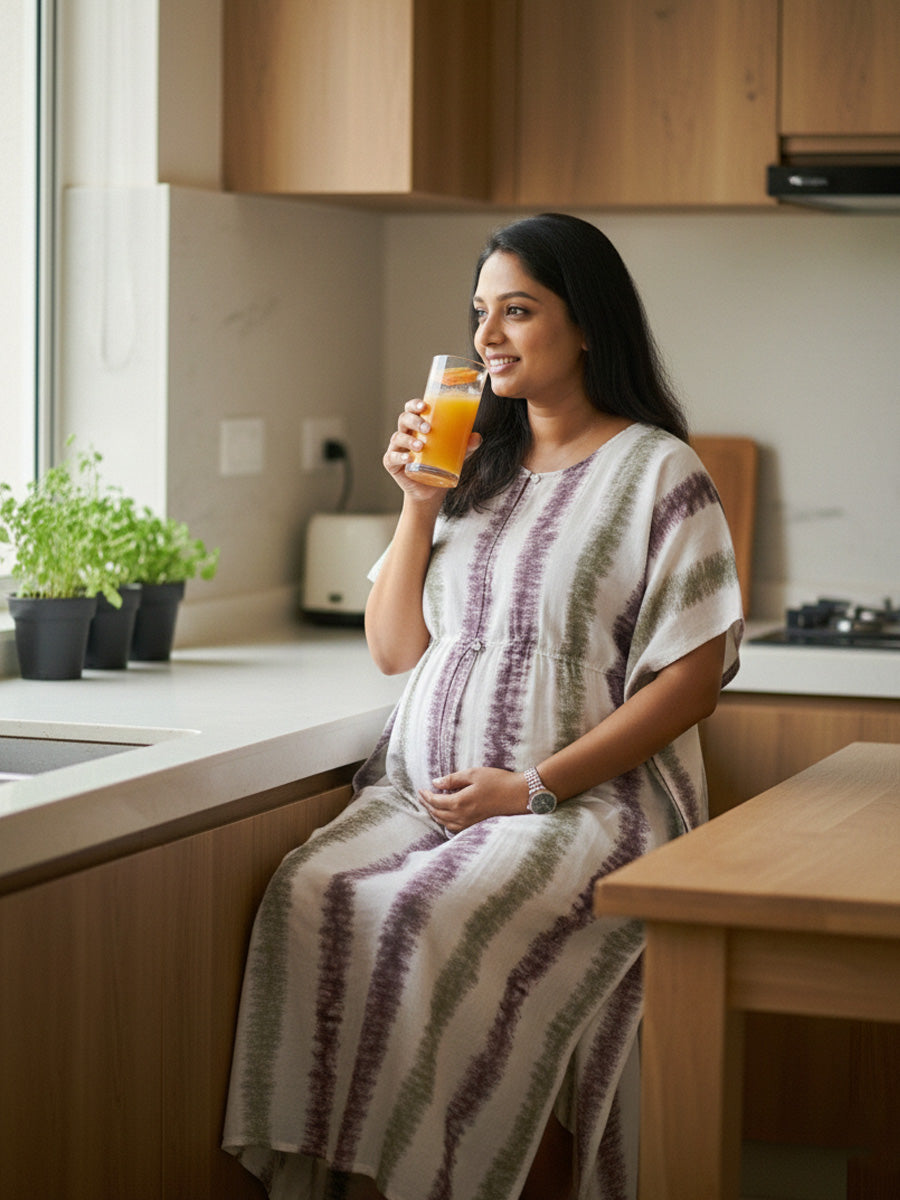 White Vertical Violet-Green Tie-Dye Print Maternity & Nursing Kaftan with Zips | Ziva