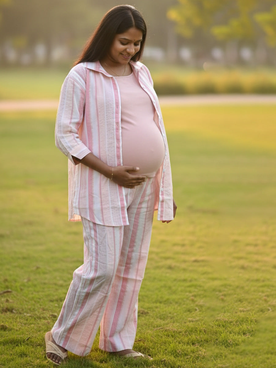 Ziva Pink & Peach Cotton Striped Maternity & Feeding Co-ord Set with Inner Baniyan (3-Piece Set)