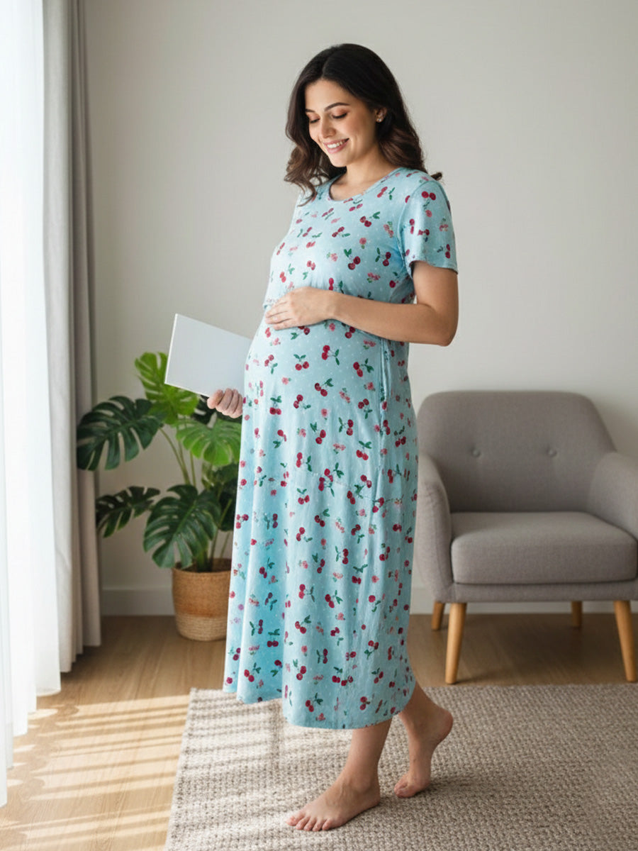 Zipless Maternity & Feeding Dress – Sky Blue Cherry Print | Ziva
