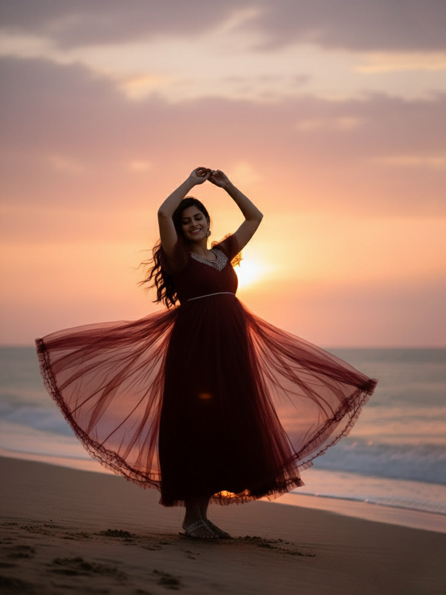 ZIVA Graceful Brown Maternity Baby Shower & Photoshoot Gown with D-Net Flutter Sleeves