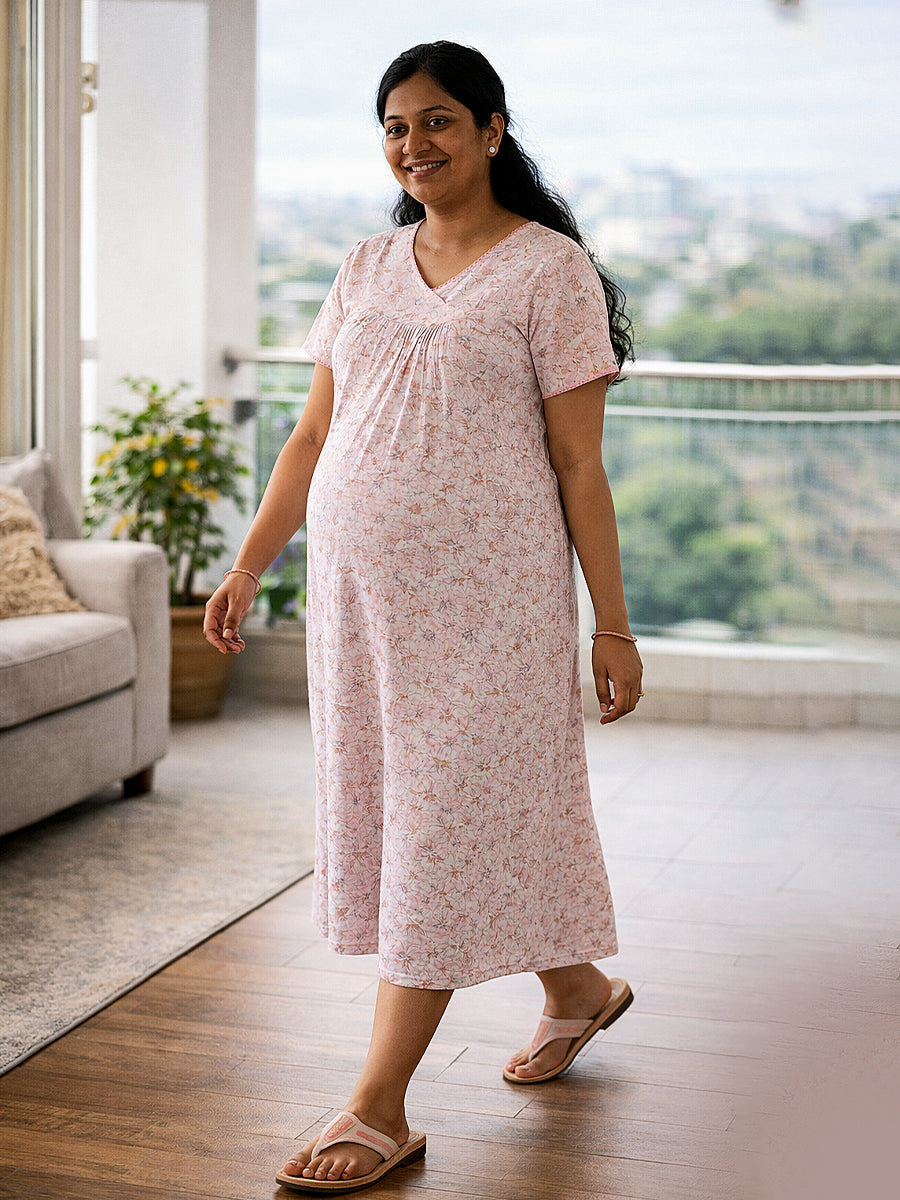 Ziva Cotton Maternity & Feeding Short Nighty with Pocket and Two Side Invisible Feeding Zips  – Pink & Light Brown Floral