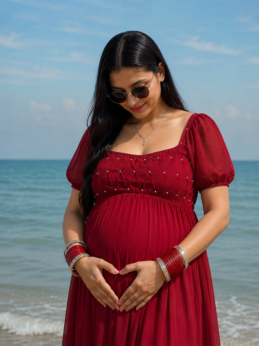 Ziva Cherry Red Multipurpose Maternity Photoshoot & Baby Shower Gown | Full-Length Gown