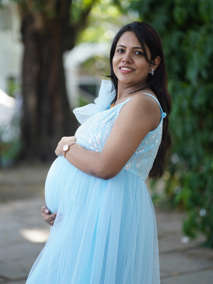 Sky Blossom Baby Shower & Photoshoot Maternity Gown – Sky Blue