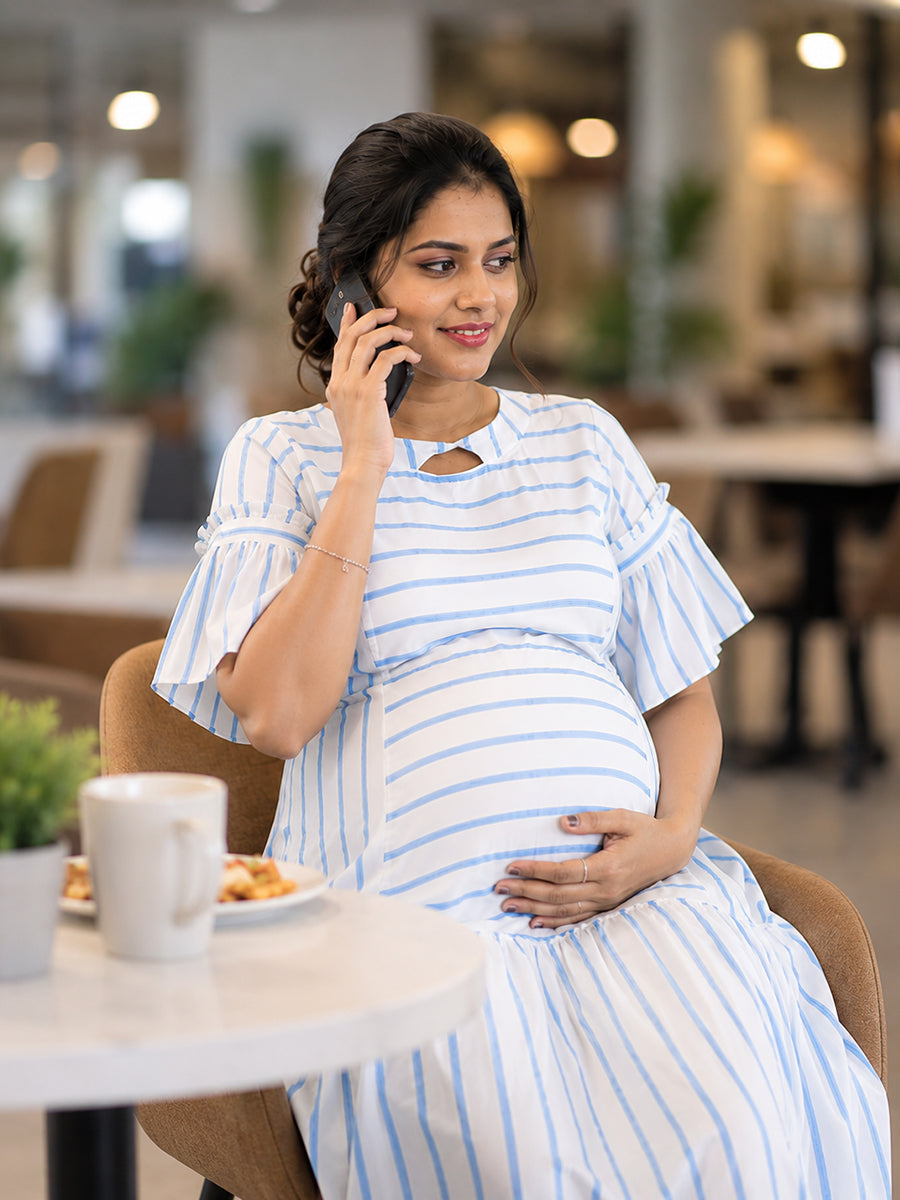 Ziva Maternity & Feeding Premium Rayon Dress with Decorative Neckline, Adjustable Side Ties & Pocket – White with Blue Stripes