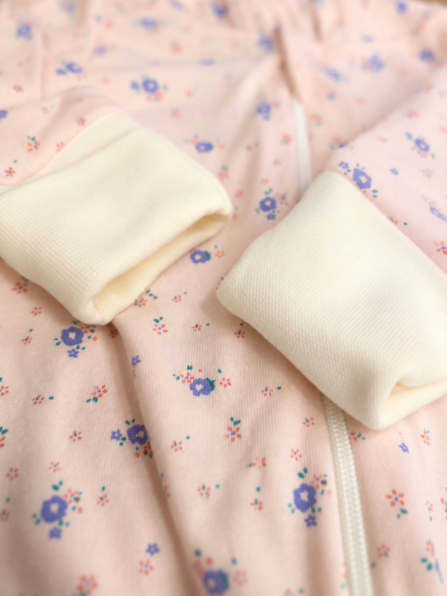 Ziva Hooded Knitted Cotton Baby Sleepsuit  – Tiny Lavender Floral Print | Soft Blush Pink