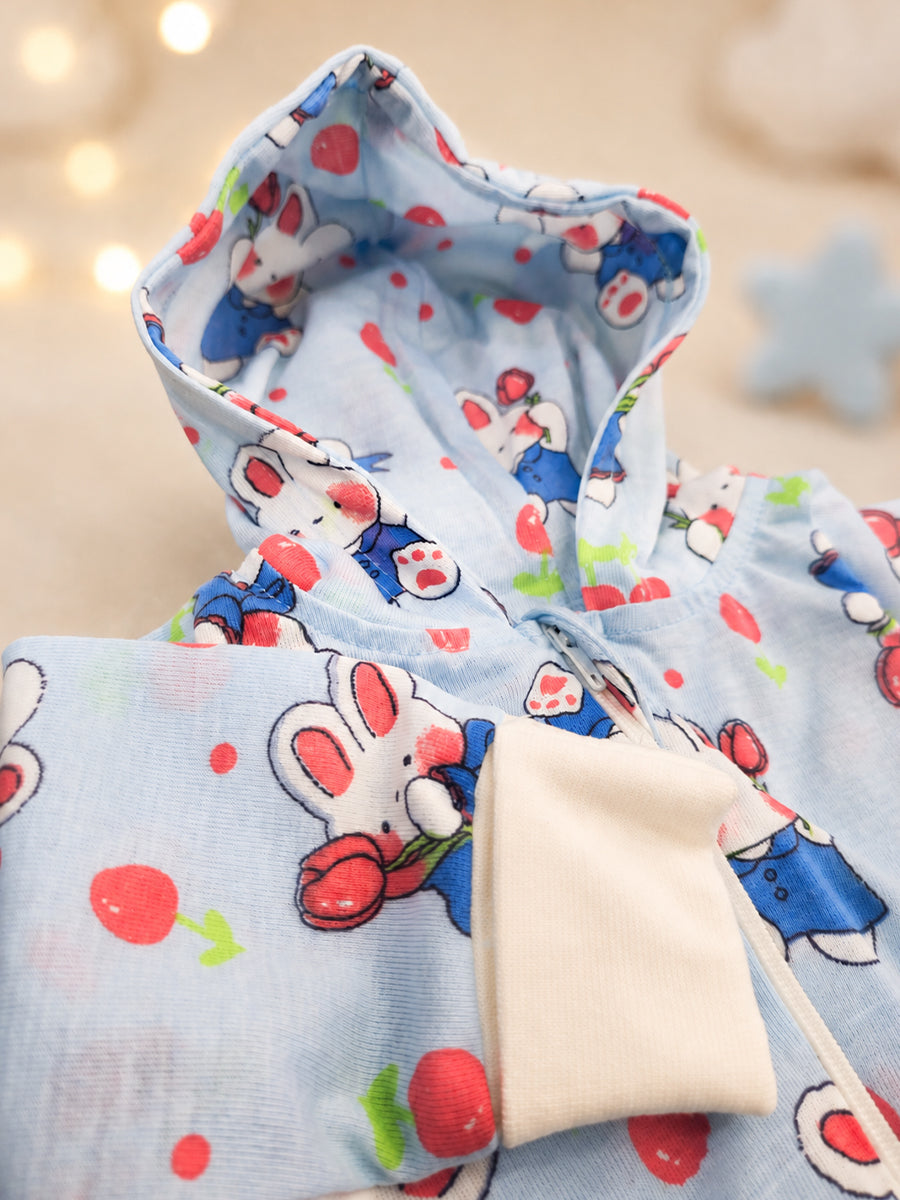 Ziva Hooded Knitted Cotton Baby Sleepsuit  – Bunny & Cherry Friends Print | Baby Blue