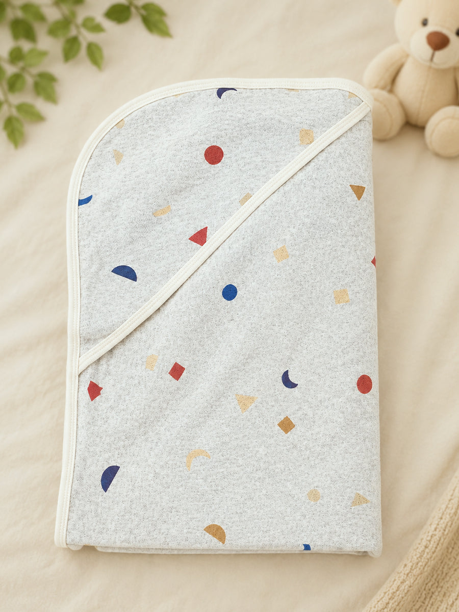 Ziva Baby Hood Towel – Melange Grey | Geometric Confetti Print | Knitted Cotton