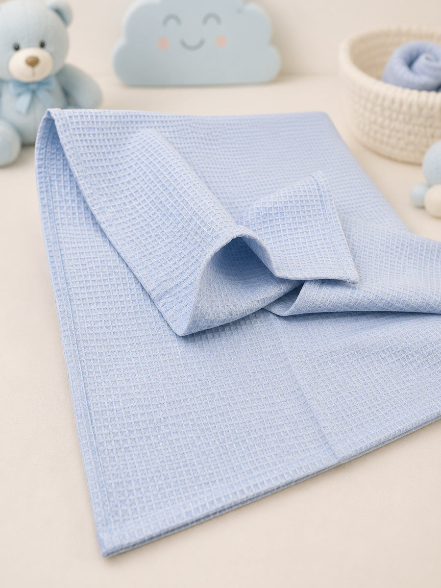 Ziva Baby Bath Towel – Baby Blue | Cotton | Square Grid Cotton Weave