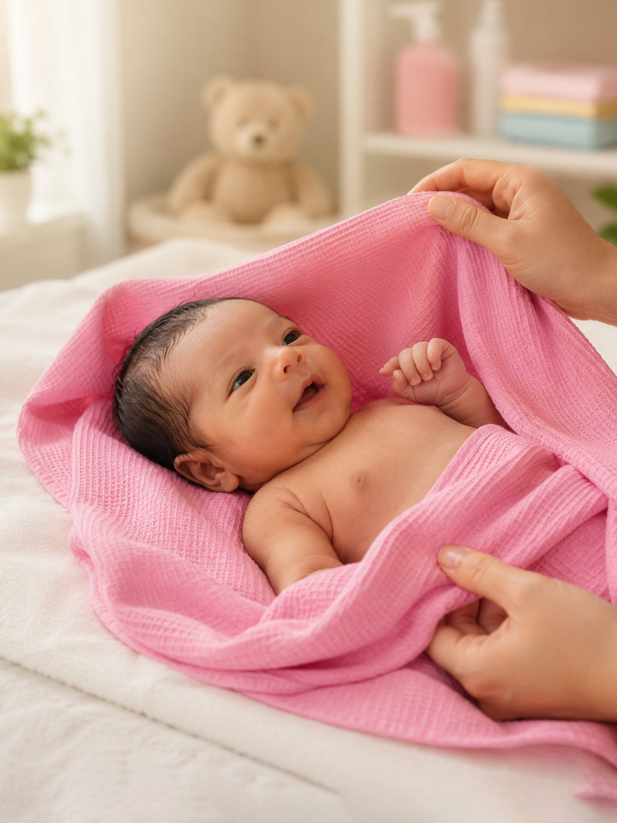 Ziva Baby Bath Towel – Rose Pink | Cotton | Square Grid Cotton Weave