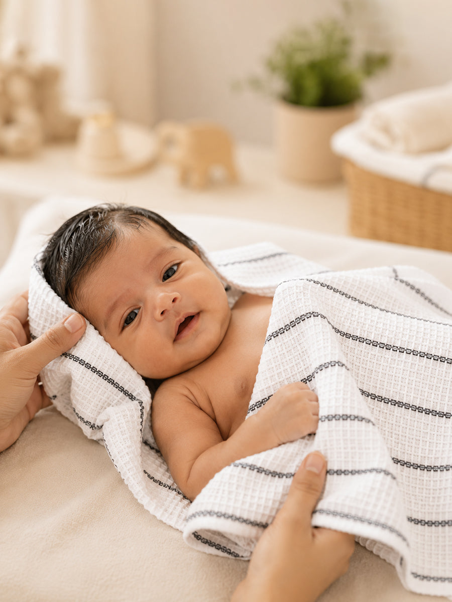 Ziva Baby Bath Towel – White | Light Black Stripe Print | Cotton | Square Grid Cotton Weave
