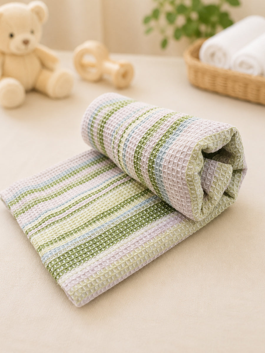 Ziva Baby Bath Towel – White | Sage Green & Dusty Blue Stripe Print | Cotton | Square Grid Cotton Weave