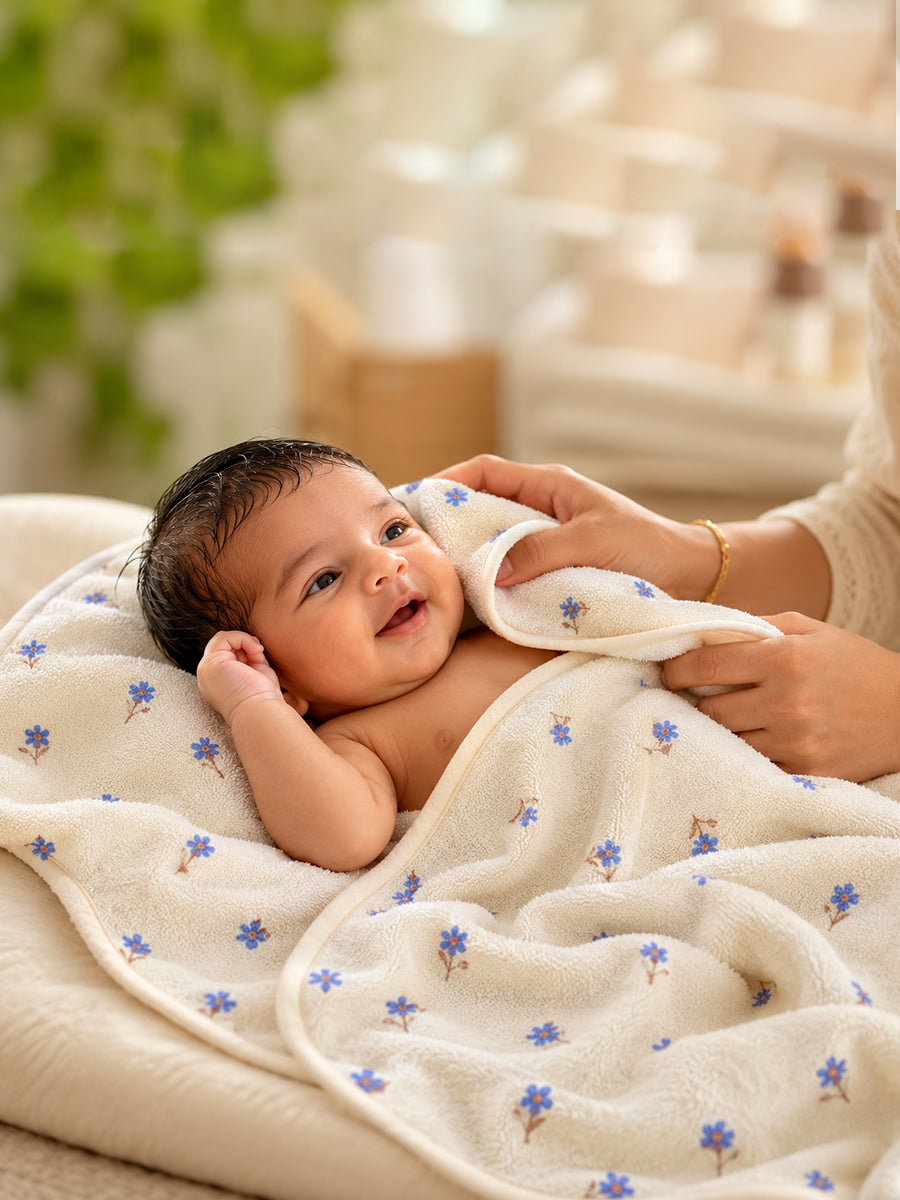 Ziva Baby Bath Towel – Off White | Dusty Blue Floral Print | Cotton | Mini Waffle Weave