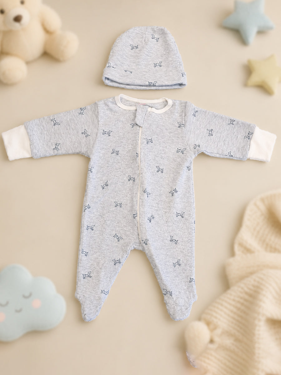 Ziva Knitted Cotton Baby Sleepsuit with Cap – Puppy Outline Print | Cloud Grey