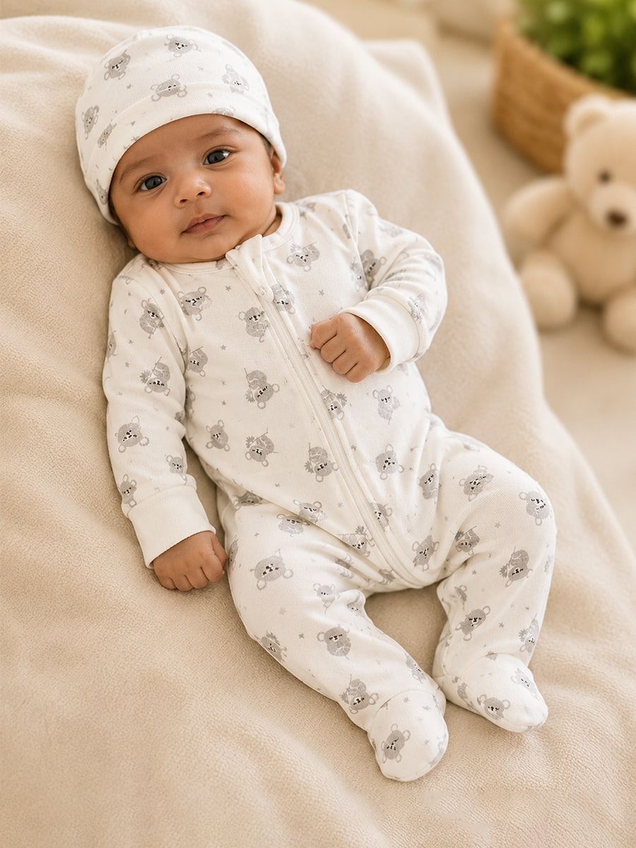 Ziva Knitted Cotton Baby Sleepsuit with Cap – Sleepy Koala Print | Ivory White