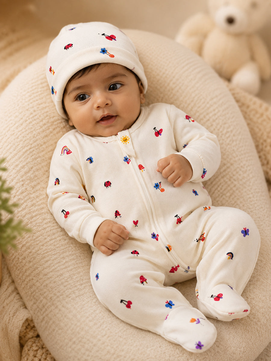 Ziva Knitted Cotton Baby Sleepsuit with Cap – Garden Bugs & Nature Print | Cream