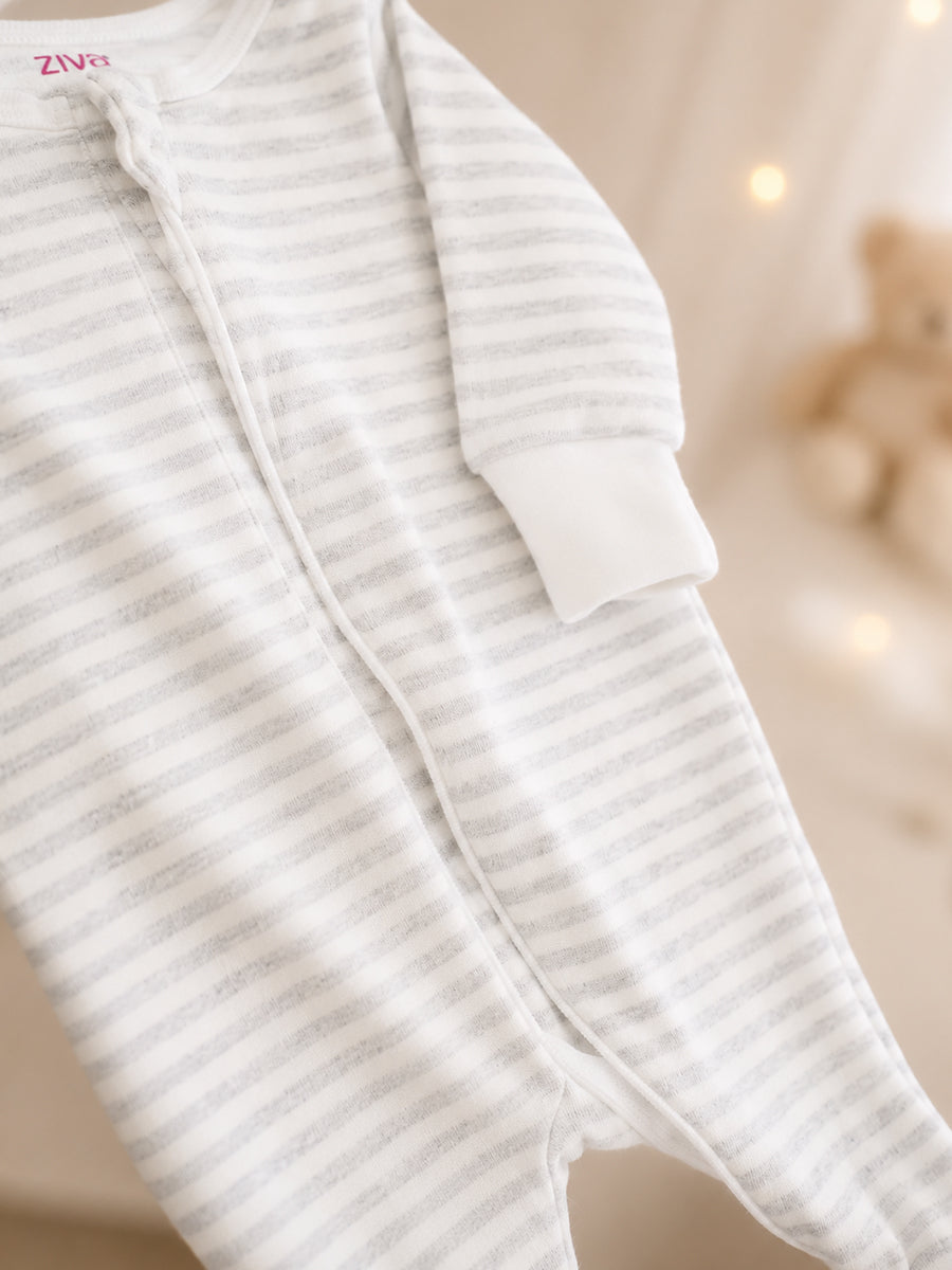 Ziva Knitted Cotton Baby Sleepsuit with Cap – White & Heather Grey Stripe Print | Fold-Over Mittens