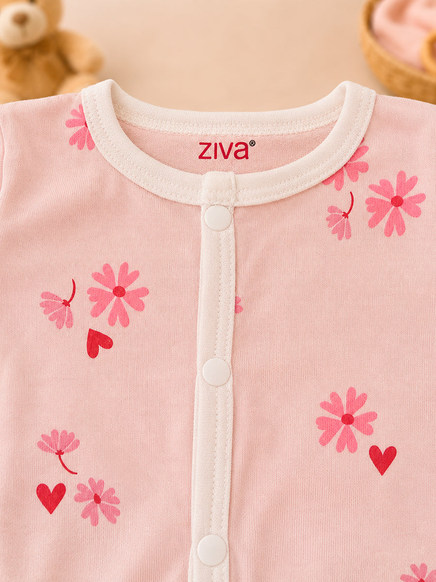 Ziva Baby Jumpsuit – Soft Baby Pink | Daisy Blossom & Heart Print | Knitted Cotton | Front Open Snap Button