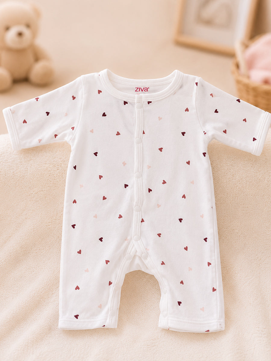 Ziva Baby Jumpsuit – White | Tiny Sweet Hearts Print | Knitted Cotton | Front Open Snap Button