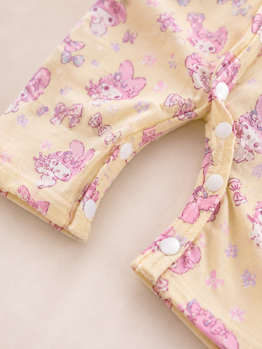 Ziva Baby Jumpsuit – Soft Butter Yellow | Pink My Melody Garden Print | Knitted Cotton | Front Open Snap Button