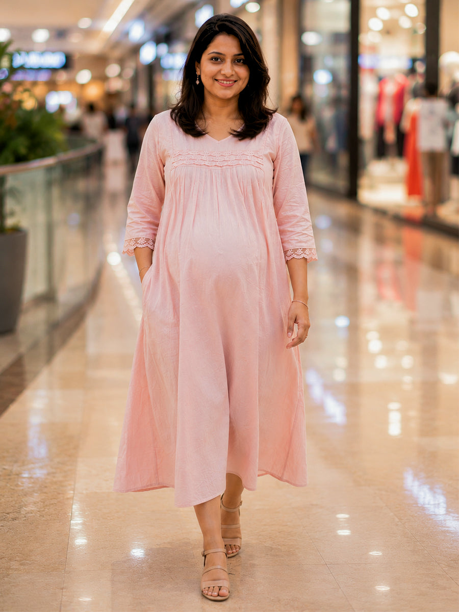 Ziva Maternity & Feeding Semi-Party Wear Dress with Crochet Lace, Invisible Feeding Zip & Pocket – Peach