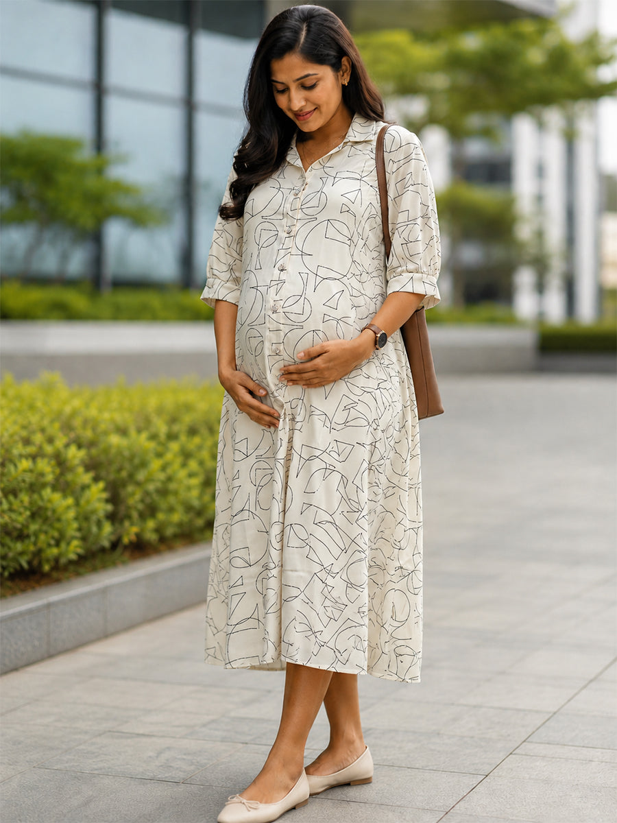 Ziva Maternity & Feeding Shirt Dress with Full Button Opening & Pocket – Beige Geometrical Print