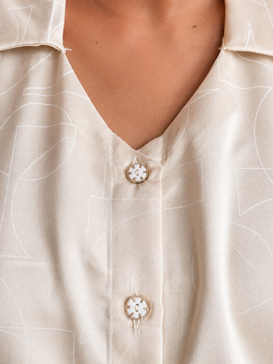 Ziva Maternity & Feeding Shirt Dress with Full Button Opening & Pocket – Beige with White Geometrical Print