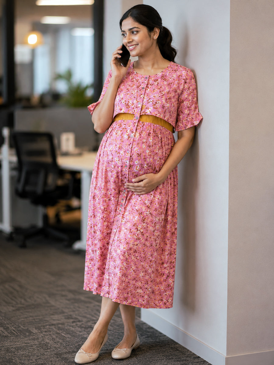 Ziva Maternity & Feeding Dress with Invisible Feeding Zip & Layered Yoke Flap Design – Pink Floral Print | Rayon