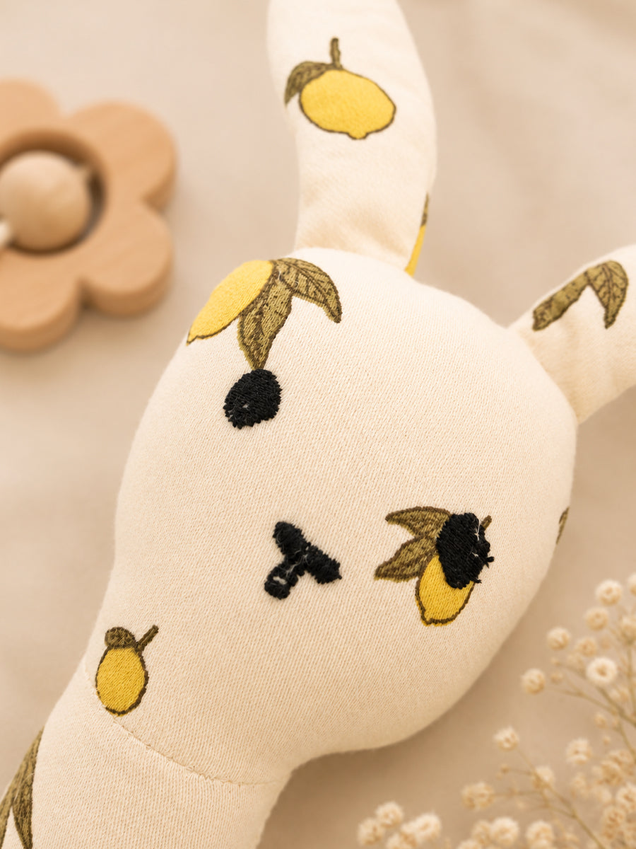Ziva Baby Organic Cotton Bunny Hand Rattle – Cream | Lemon Fruit Print