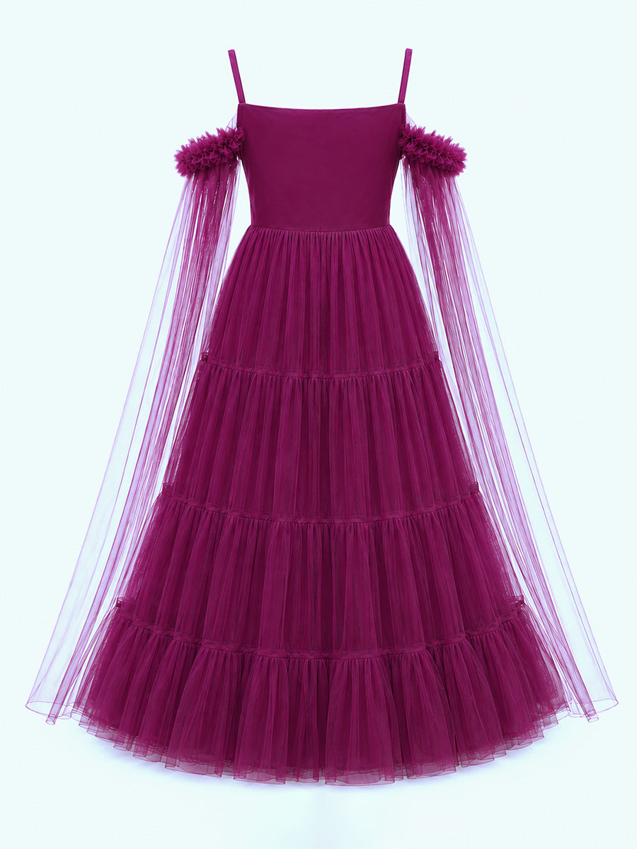 Ziva Maternity Photoshoot & Baby Shower Net Gown with Sequin Bodice & Flowing Cape Sleeves – Wine