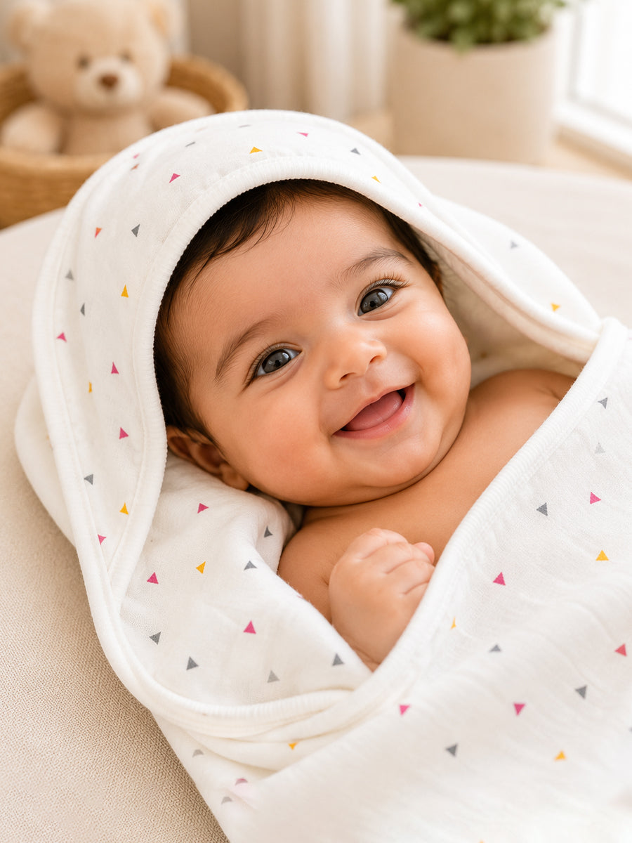 Ziva Premium Muslin Hooded Towel – Double Layer Muslin with Soft Fleece Core | Playful Triangles Print