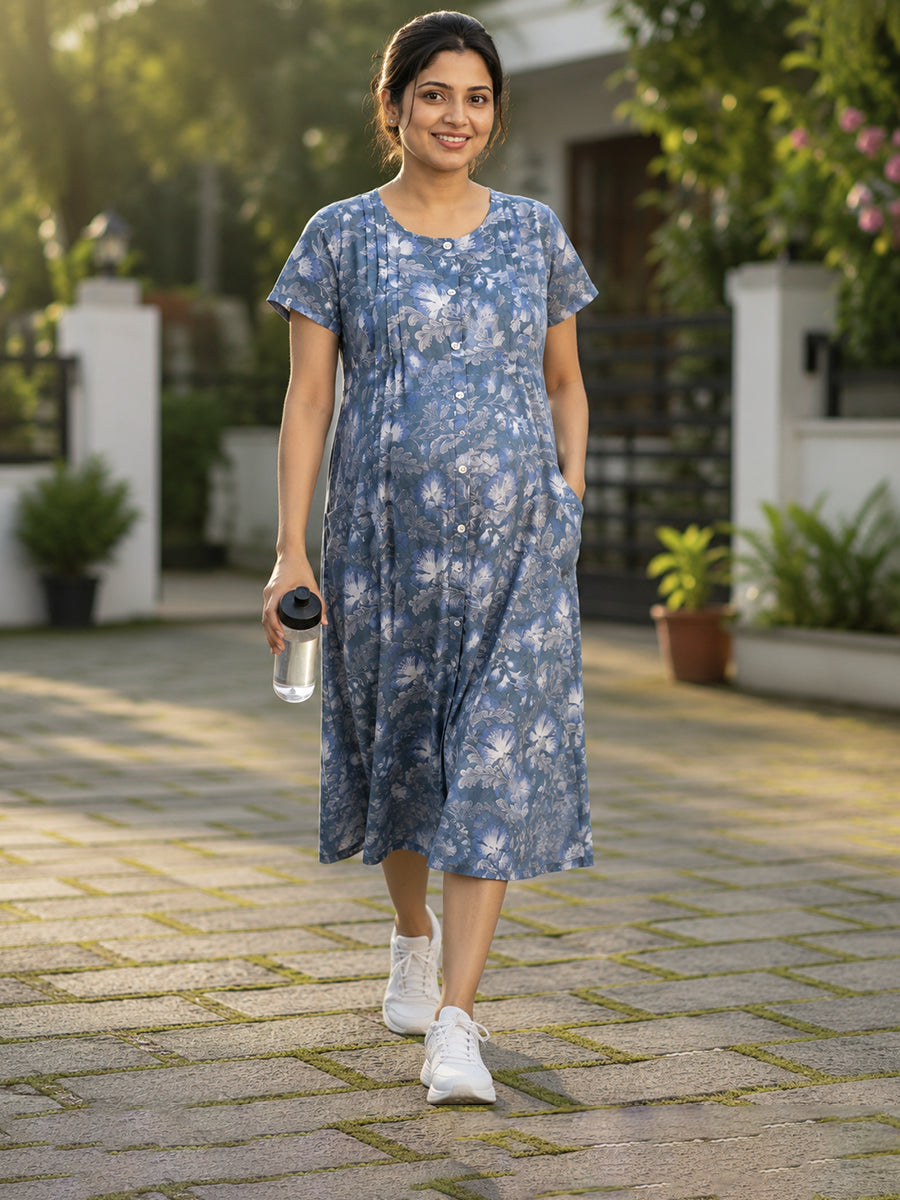 Ziva Maternity & Feeding Cotton Full-Open Short Nighty – Grey Blue Floral Print