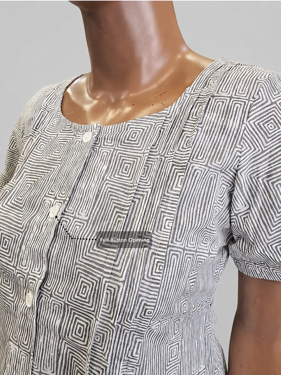 Ziva Maternity & Feeding Cotton Full-Open Short Nighty – Geometric Maze Dark Grey Print