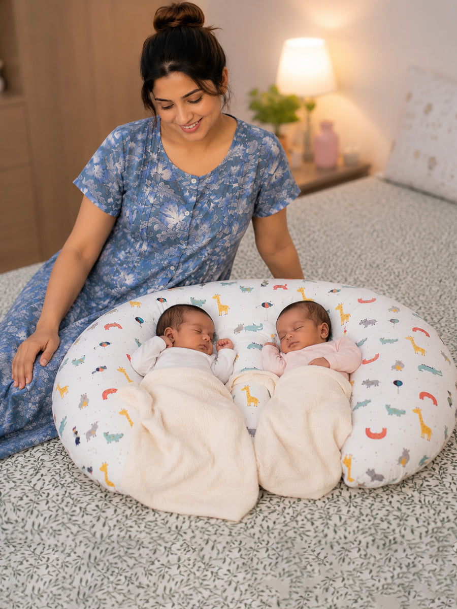 Ziva Multipurpose Twin Feeding Pillow – Cotton with Back Support & Adjustable Tie | Playful Safari Adventure Print