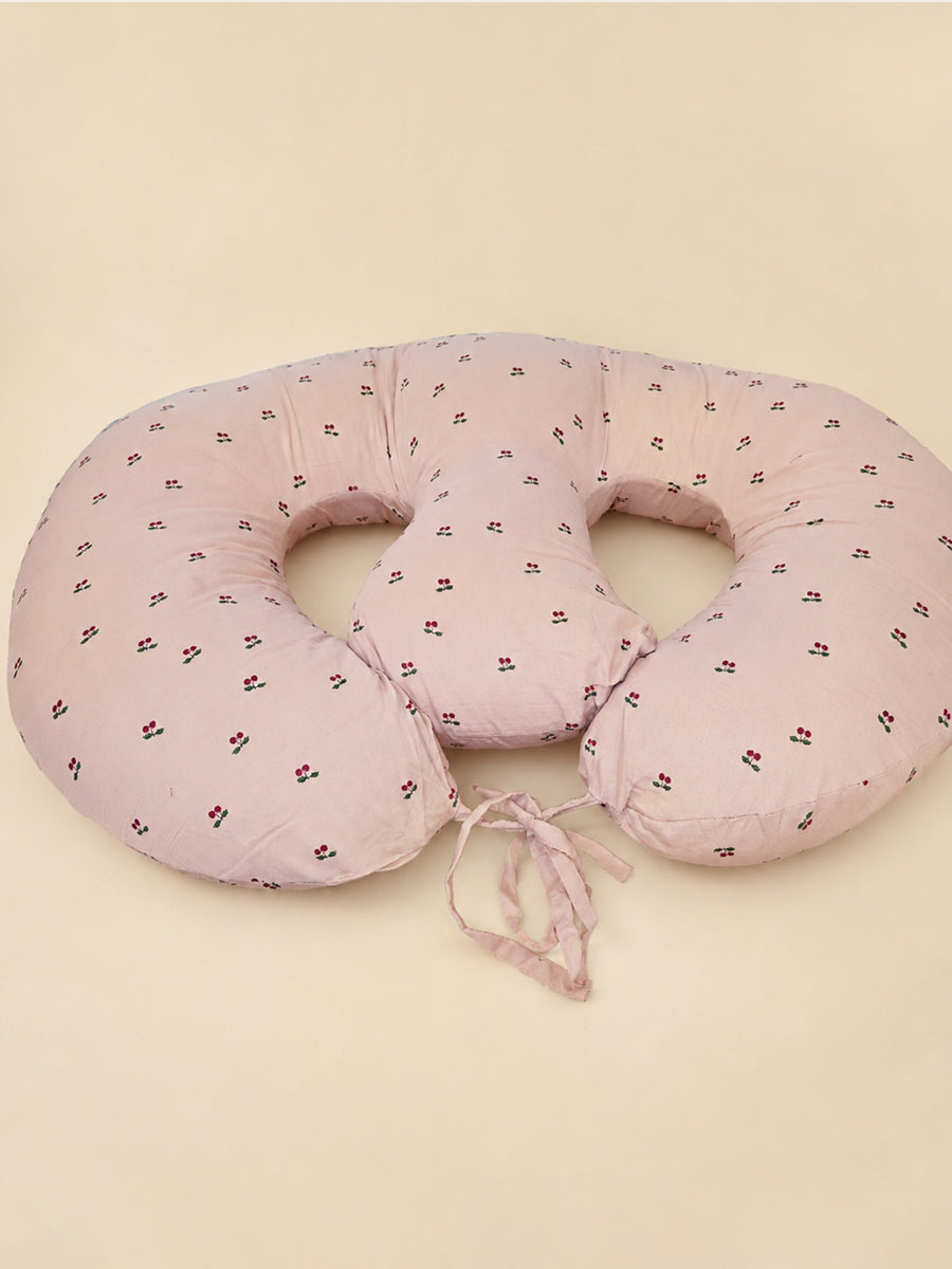 Ziva Multipurpose Twin Feeding Pillow – Organic Cotton with Back Support & Adjustable Tie | Berry Bloom Print| Light Brown
