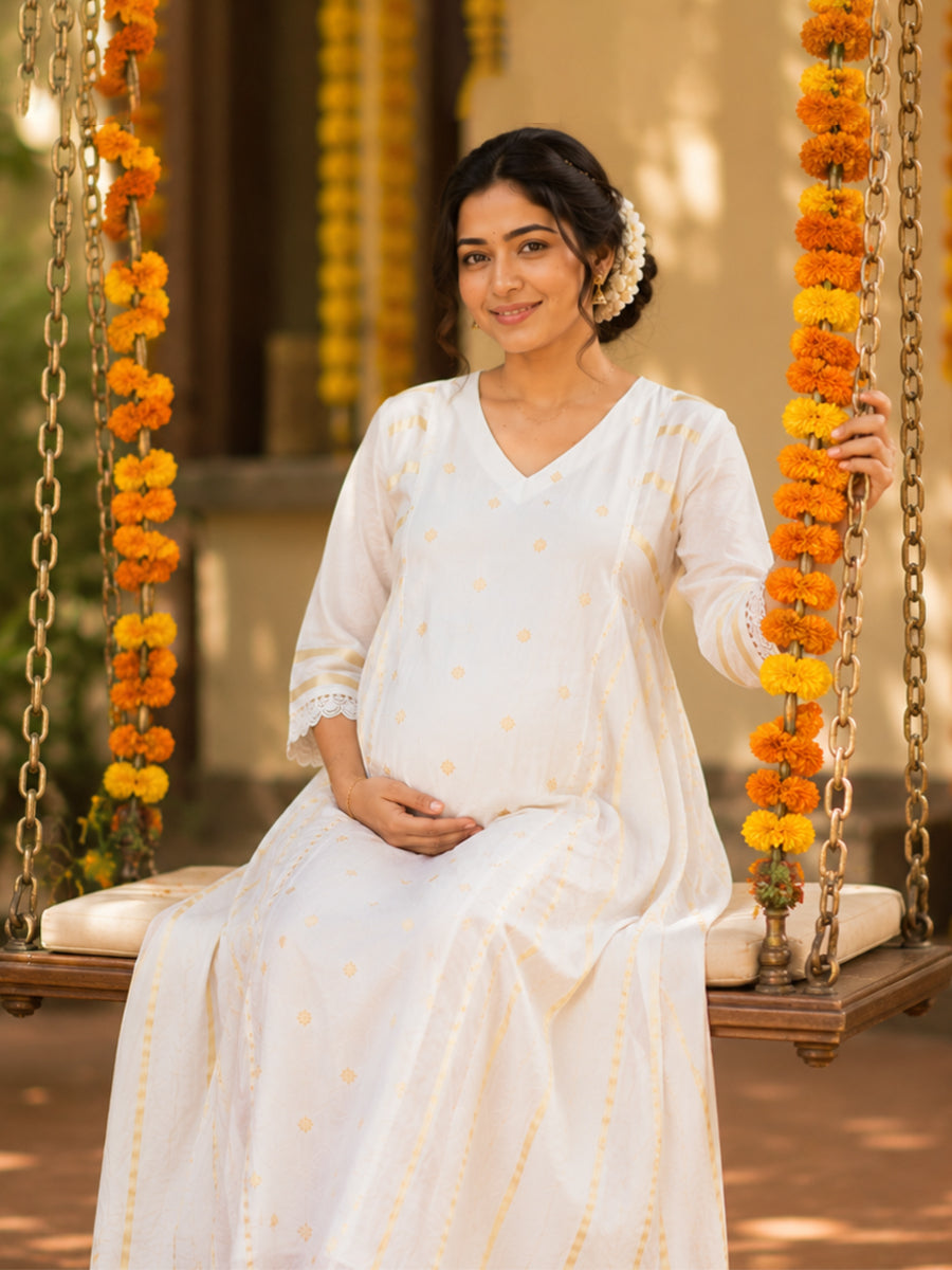 Ziva Onam Maternity & Feeding Dress | Onakodi | Light Cream Handloom Cotton with Gold Stripes | Invisible Feeding Zips & Side Pocket
