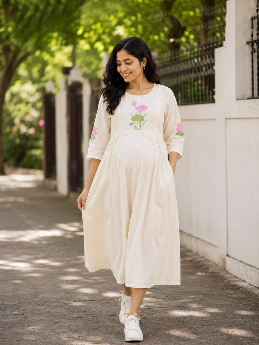 Ziva Onam Maternity & Feeding Dress | Onakodi | Light Cream Lotus Print | Invisible Feeding Zips & Side Pocket
