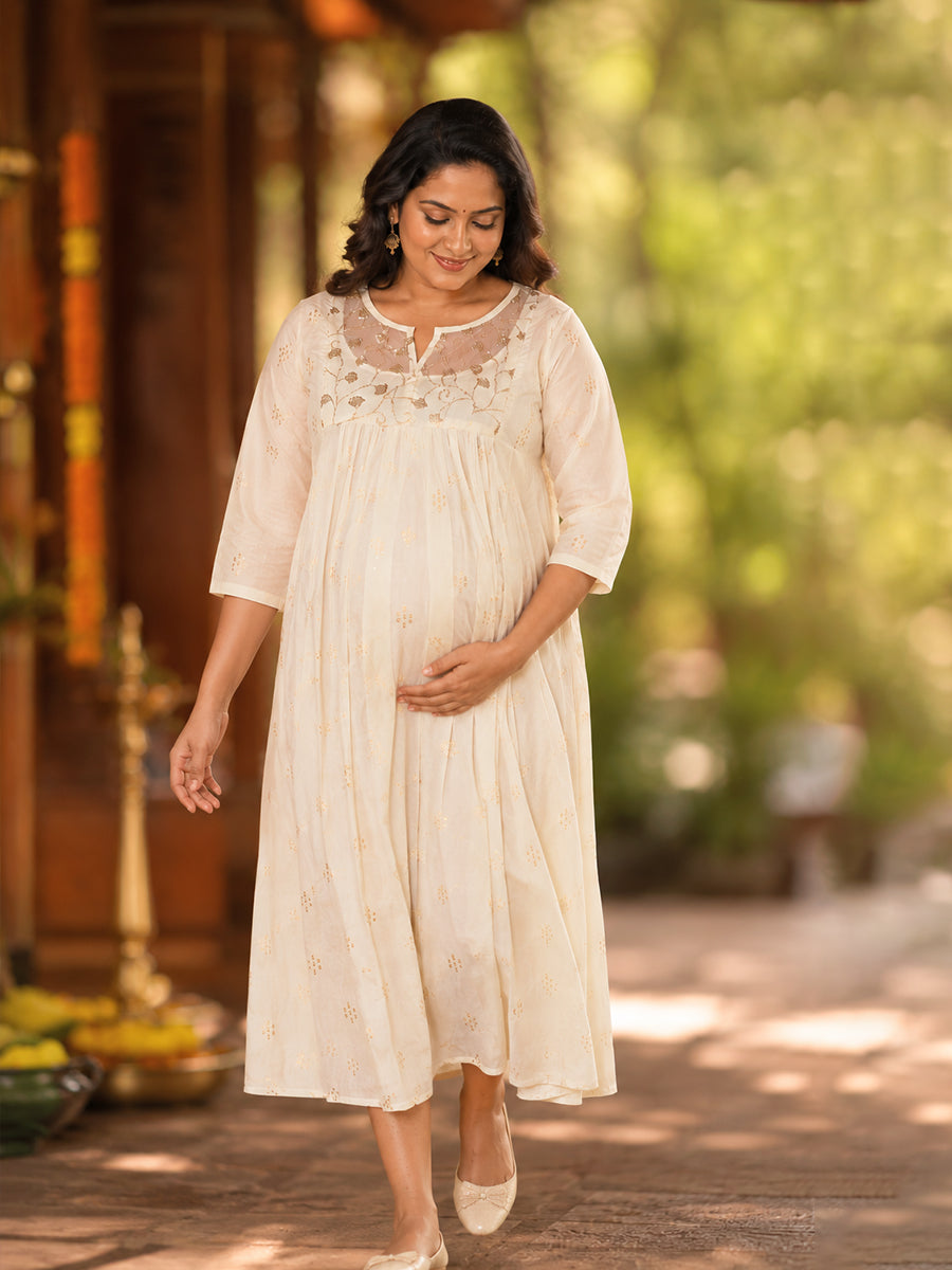 Ziva Onam Maternity & Feeding Dress | Onakodi | Light Cream Handloom Cotton with Designer Net Yoke | Invisible Feeding Zips & Side Pocket