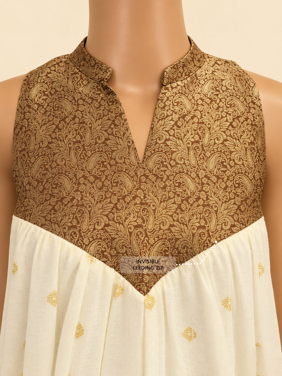 Ziva Onam Maternity & Feeding Sleeveless Dress | Onakodi | Light Cream Handloom Cotton with Caramel Brown Banarasi Yoke | Hidden Feeding Zips & Side Pocket