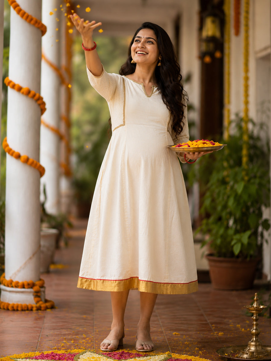 Ziva Onam Maternity & Feeding Dress | Onakodi | Light Cream Cotton with Festive Gold & Red Border | Invisible Feeding Zips & Side Pocket